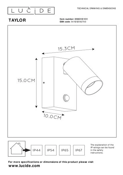 Lucide TAYLOR - Wandspot / Wandlamp Binnen/Buiten - 1xGU10 - IP54 - Bewegingssensor - Wit - technisch